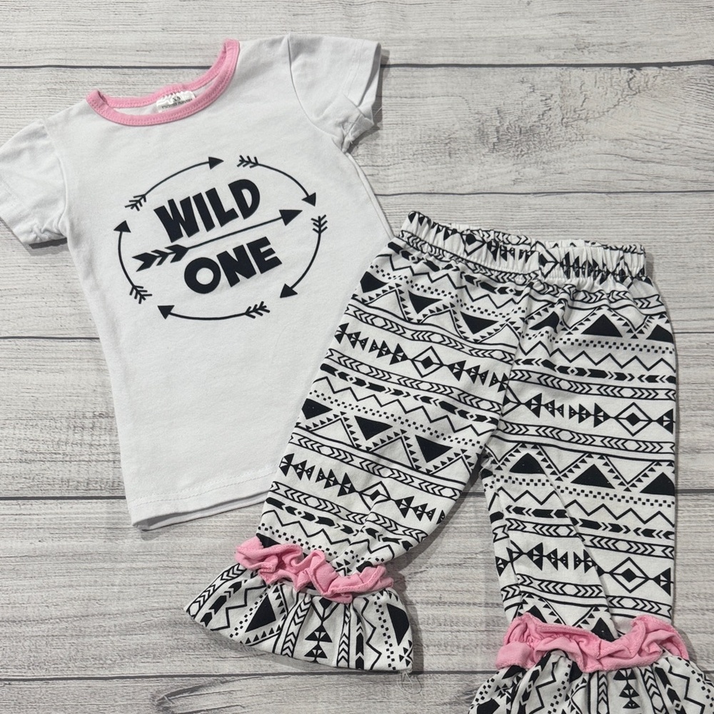 Baby Girls “Wild One” Tee with Tribal Print Pink Ruffled Pants